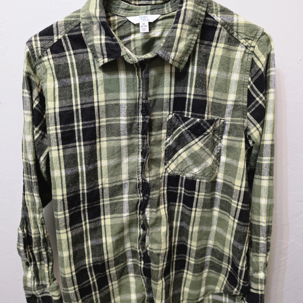 Time and Tru Green and Black Plaid Button Down Shirt